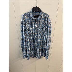 Buckle Black Long Sleeve Studded Snap Up Men’s 2XL Blue Plaid Shirt        (D28)
